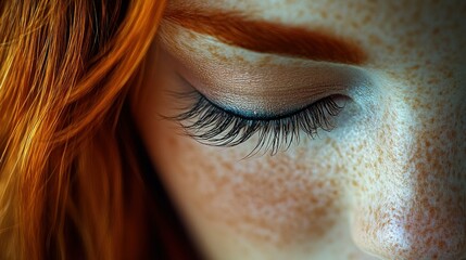 Close-up of freckled redhead's face with false eyelashes