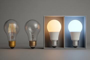 Energy-efficient LED bulbs in a box showcasing warm and cool white options, alongside traditional incandescent bulbs