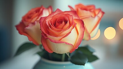 Close-up of three vibrant roses in a vase