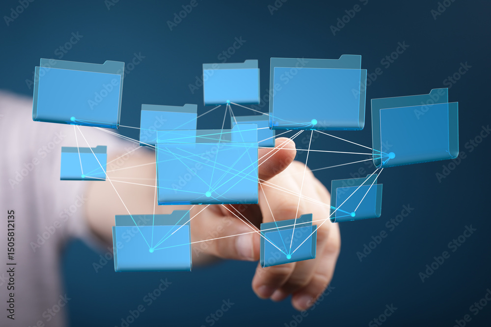 Poster hand interacting with a digital network of files and folders, showcasing data connectivity and organ