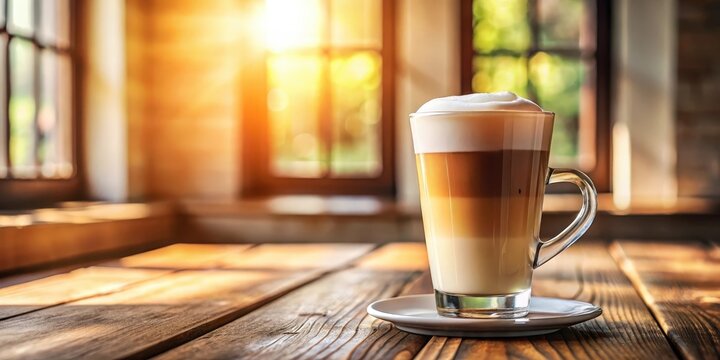 A latte in a clear glass sits on a wooden table with natural light streaming in from the window behind it.
