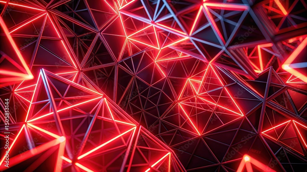 Poster A captivating abstract composition featuring an array of interconnected geometric shapes illuminated by vibrant red neon lights, creating an immersive and dynamic visual experience.