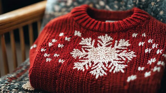 Cozy red sweater with white snowflake pattern on a wooden chair embracing warmth and comfort