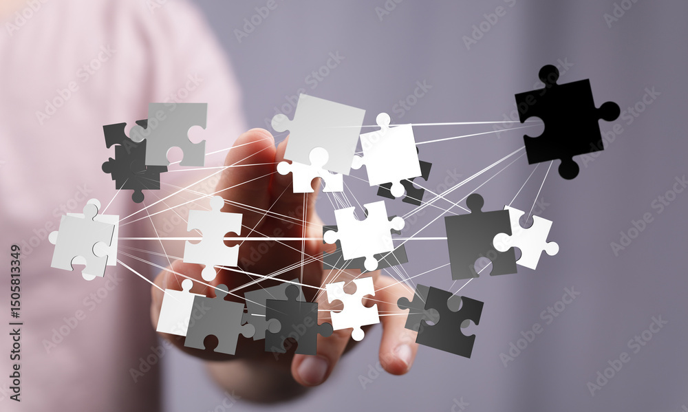 Aufkleber Abstract image of puzzle pieces connecting, symbolizing teamwork, strategy, and solutions.
