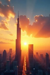 Obraz premium Golden rays illuminate a futuristic cityscape as the sun rises, casting long shadows and highlighting sleek skyscrapers A vibrant and breathtaking scene of urban dawn , breathtaking, technology