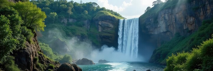 Stunning cascading waterfall plunging into a misty canyon, surrounded by lush greenery and towering rock formations Perfect for nature, travel, and adventure themes , rushing, waterfall