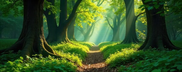 Sun-dappled forest floor, lush green undergrowth, ancient trees casting shadows Perfect for nature, fantasy, or fairytale themes High-resolution image , forest, detail, ecosystem