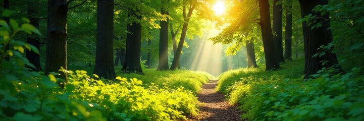 Sun-dappled forest path in summer, lush green foliage, dappled light filtering through leaves, tranquil woodland scene, vibrant summer nature , nature, ecosystem