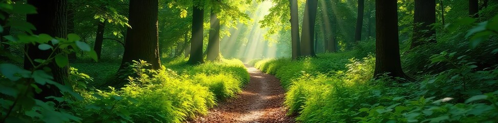 Sun-dappled forest path winding through lush greenery, dappled sunlight filtering through leaves, vibrant summer foliage Perfect for travel, nature, and environmental themes , shadows, lush, trail