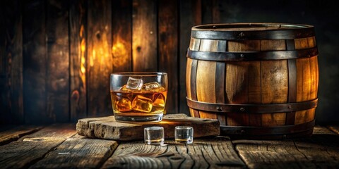 A glass of amber liquid rests on a wooden surface, accompanied by ice cubes and a weathered wooden barrel, evoking a sense of rustic charm and the allure of a classic drink.