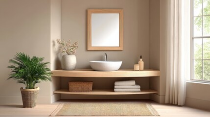 Fototapeta premium Corner-fit vanity cabinet in neutral wood, ergonomic shape and full clarity on white