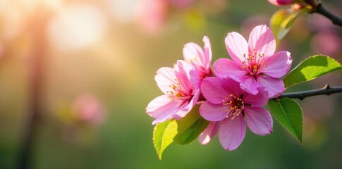 Vibrant spring blossoms bursting forth on a lush green branch, sunlight illuminating delicate petals Perfect for nature, spring, and renewal themes , green, delicate