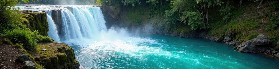 Vibrant turquoise waterfall cascades down mossy rocks, creating a stunning spectacle of nature's artistry Sunlit spray adds to the magical, ethereal ambiance , geological formation, moss, tropical