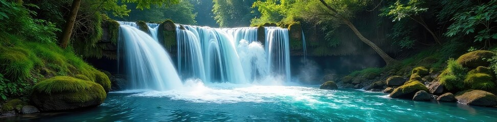 Vibrant turquoise waterfall cascades down mossy rocks, creating a stunning spectacle of nature's artistry Sunlit spray adds to the magical, ethereal ambiance , energy, green