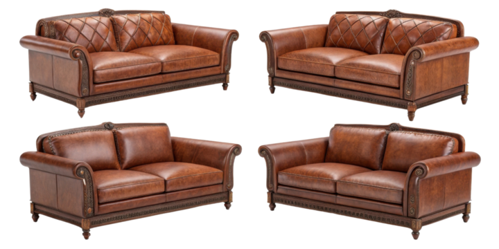 Luxurious genuine leather loveseat sofa with elegant design, PNG on transparent background