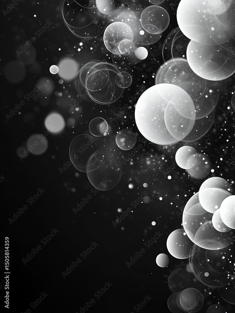 Poster an abstract black and white image features a collection of translucent, overlapping bubbles of varyi