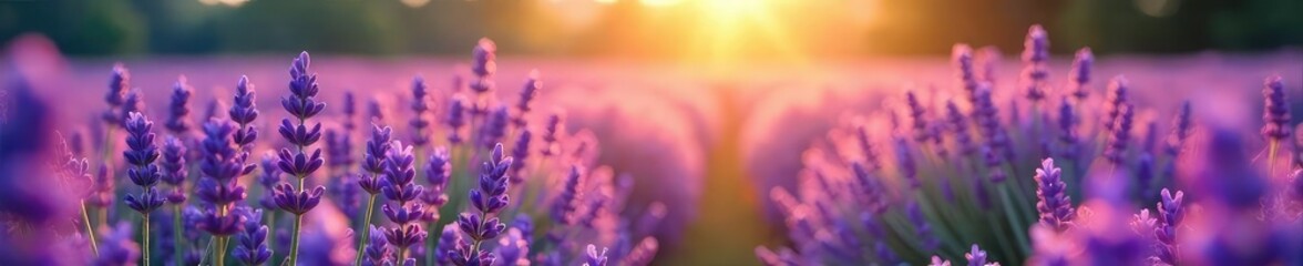 A serene scene of lavender fields bathed in soft sunlight, evoking tranquility and spiritual connection Perfect for meditation, yoga, aromatherapy, and wellness imagery , spa, fragrant