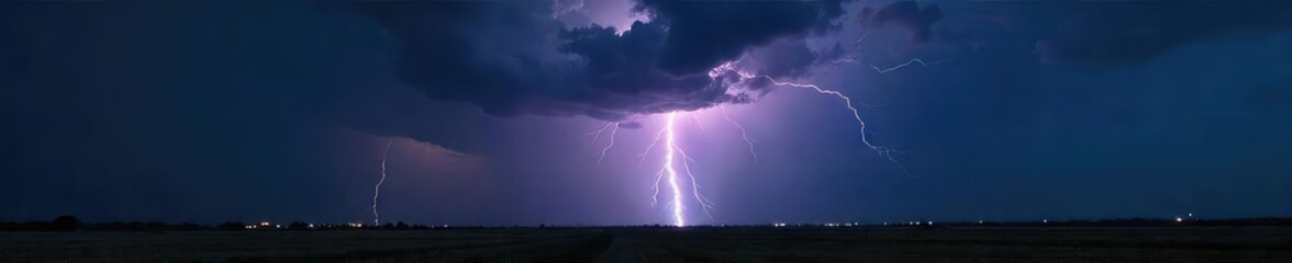 Dramatic, powerful lightning storm illuminates a dark, stormy sky over a vast, empty landscape The electrical energy crackles, illuminating the clouds with intense brightness , weather, thunder