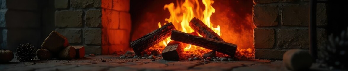 Crackling firewood flames dance in a cozy fireplace, casting warm, inviting light and shadows on the surrounding stone Perfect for autumn, winter, and holiday themes , ember, red, autumn