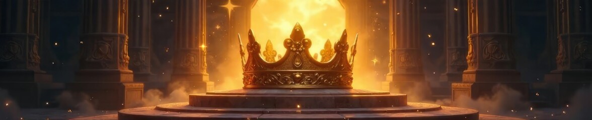Majestic golden crown rests atop a stylized throne, surrounded by ethereal light and celestial elements Perfect for fantasy, mythology, or divine concepts , reign, fantasy, gleam