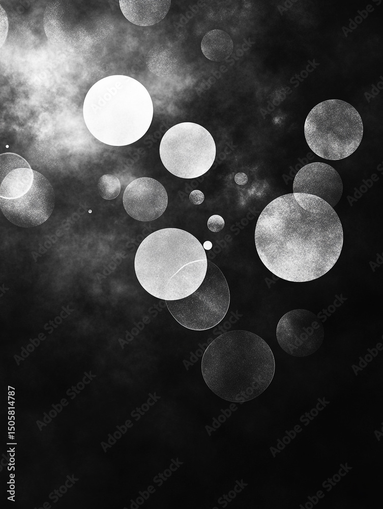 Poster an abstract black and white image features a collection of translucent, overlapping bubbles of varyi