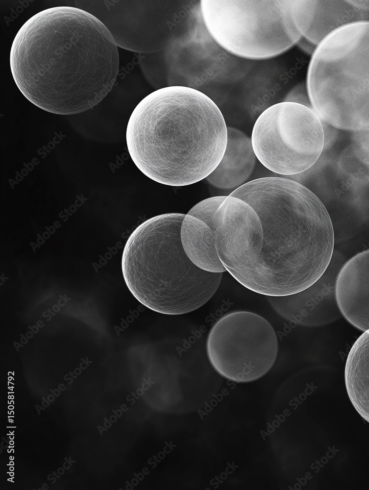 Poster an abstract black and white image features a collection of translucent, overlapping bubbles of varyi