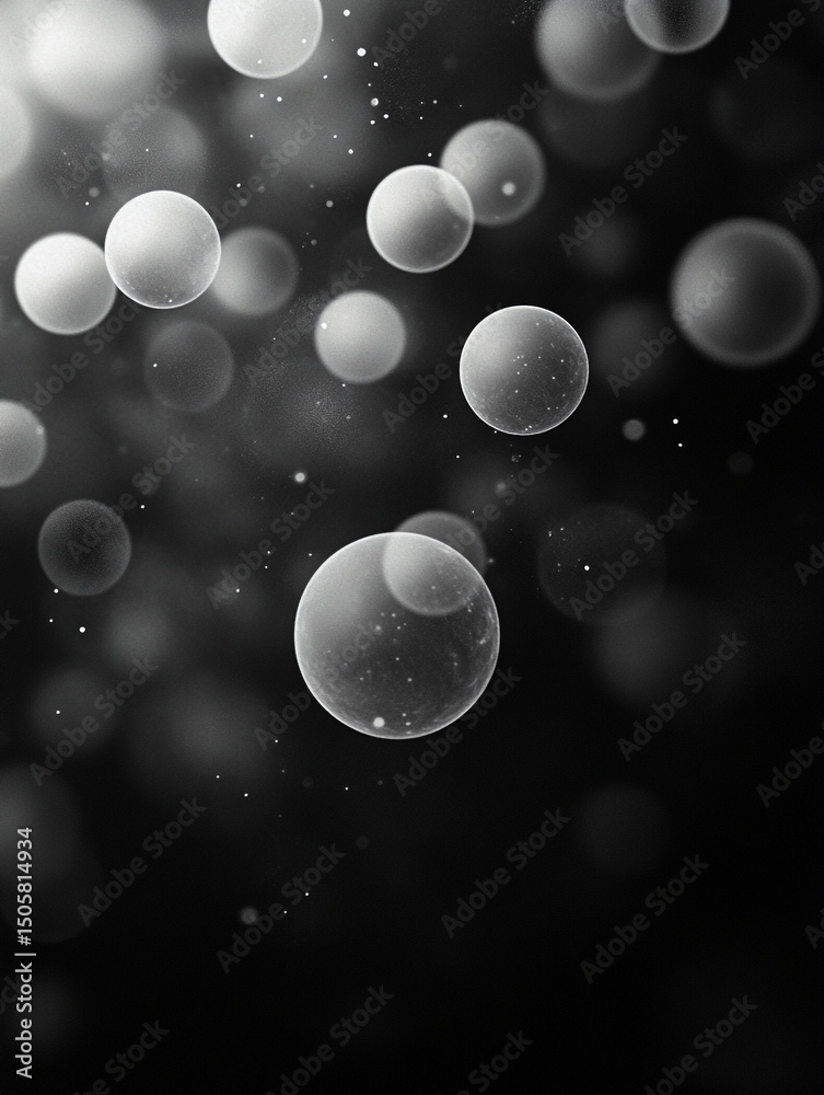 Poster an abstract black and white image features a collection of translucent, overlapping bubbles of varyi