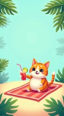 Cute Cat Enjoying a Summer Drink on the Beach