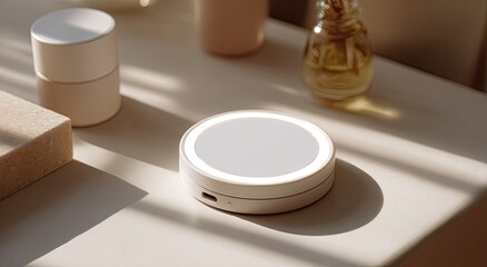 Compact, illuminated, round mirror on a light-colored surface.  Surrounded by various  other items