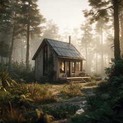 Obraz premium Wooden cabin nestled in a misty forest. Sunlight streams through the trees