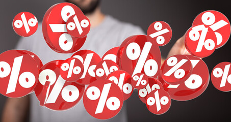 3D rendering of red percentage symbols floating, ideal for discount, sale, and finance concepts.
