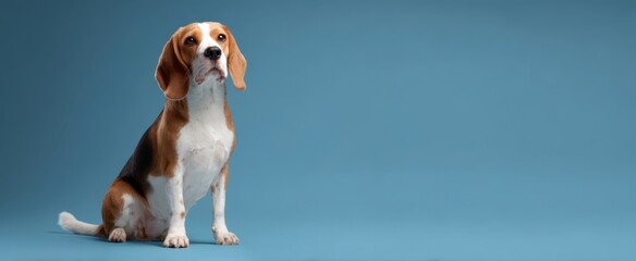The beagle sitting gracefully against a blue backdrop with a charming expression.