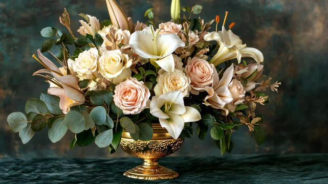 Timelapse of blooming floral arrangement with elegant roses and lush greenery