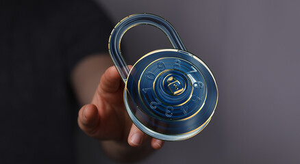 Image of a hand holding a digital combination lock, symbolizing online security and data protection.