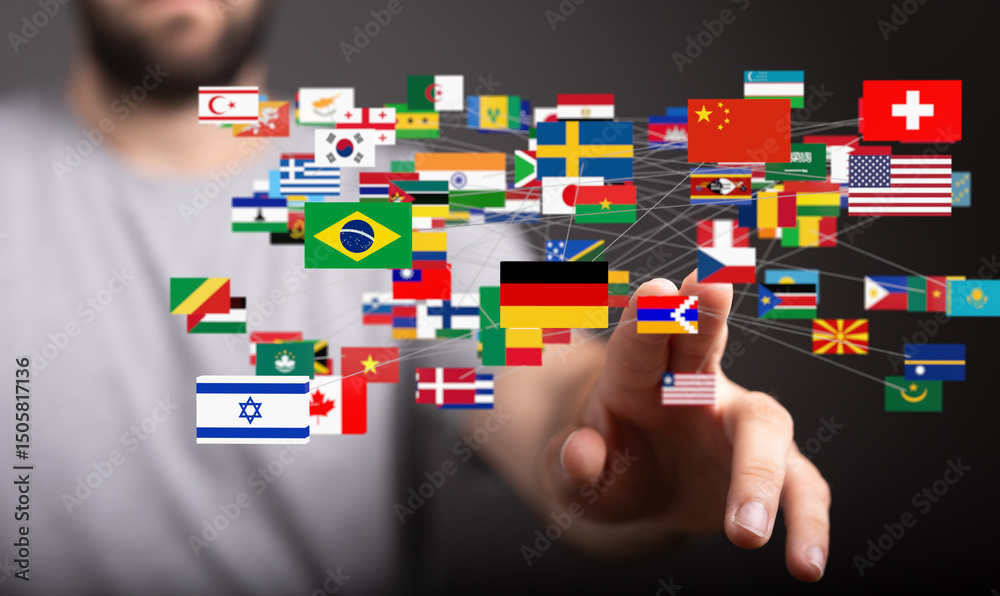 Aufkleber a hand interacts with a digital network of world flags, symbolizing global connectivity and internat