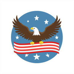 American bald eagle soaring with stars and stripes banner
