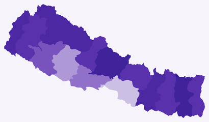 Map of Nepal with regions. Just a simple country border map with region division. Deep purple color palette. Blank Nepal shape with administrative division. Vector illustration.