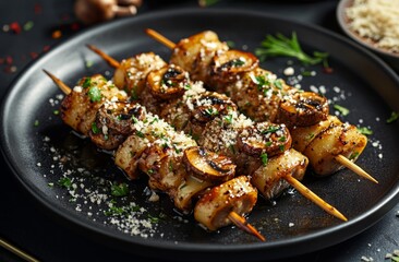Fototapeta premium Serving Grilled Skewers with Mushrooms and Garnish on Plate