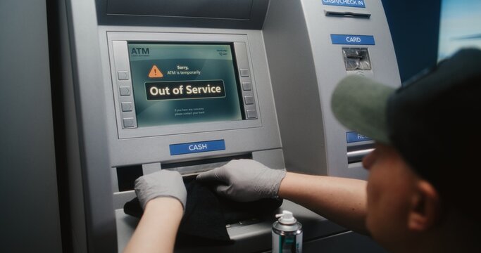 Cleaning Service: Professional Cleaner Wiping Out of Service ATM with Microfiber Rag, Cleaning Away Dirt and Dust, Preparing Automated Teller Machine, Cash Machine for Using. Public Banking Equipment.