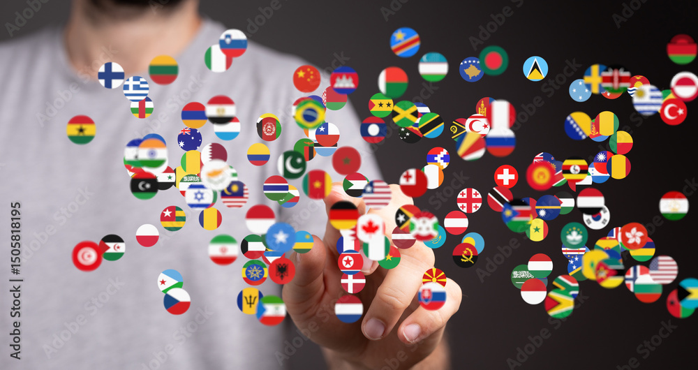 Leinwandbilder Abstract image of a person connecting with various flags, symbolizing global networking and international relations.