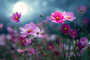 Fototapeta premium Beautiful pink flowers bloom in the garden with night skies and a full moon. A cosmos flower at night. MZ 