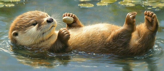 Adorable otter pup floats on its back in calm water, holding a smooth stone.