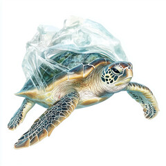 Obraz premium Watercolor painting of a sea turtle stuck to a plastic bag.