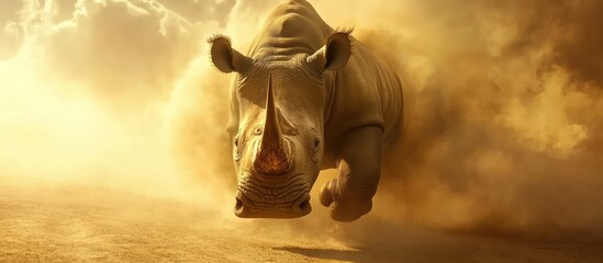 Rhino charging through dusty savanna.