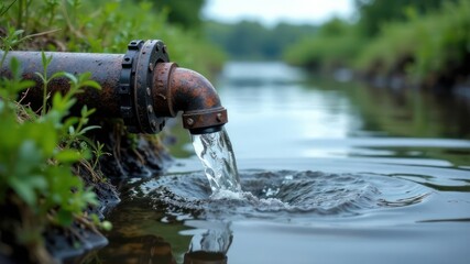 rusty pipe discharging water into river surrounded by green foliage. environmental concept highlighting pollution and water management. nature, conservation, environmental campaign