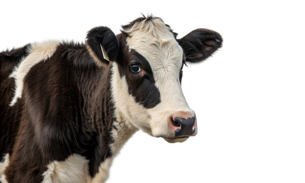 Front view of a black and white cow isolated on a white background. Perfect for agricultural and dairy industry related content isolate on transparency background 