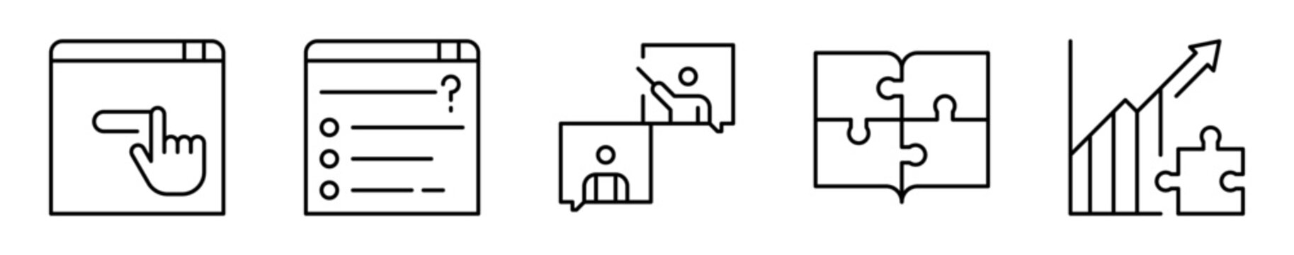 Conjunto de iconos de aprendizaje interactivo. Participaci&oacute;n, retroalimentaci&oacute;n, progreso. Interfaz activa, cuestionario digital, di&aacute;logo educativo, contenido l&uacute;dico, evaluaci&oacute;n din&aacute;mica