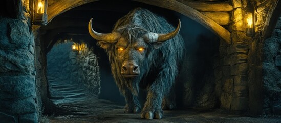 Mythical dark bull with glowing eyes in a stone tunnel.