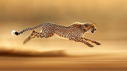 Cheetah in full stride, running across a sandy plain at sunset.