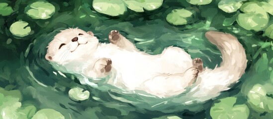 Happy otter floating on its back in a pond.